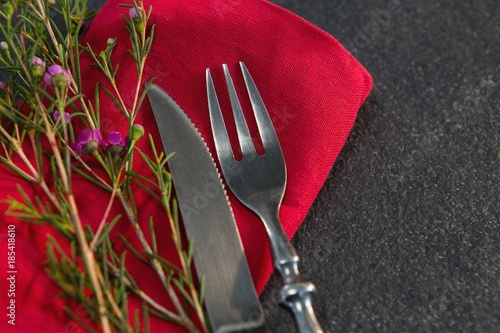 Cutlery and flora on red napkin