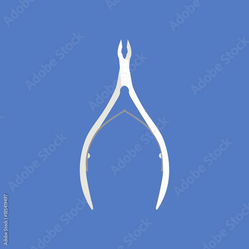Manicure steel cuticle nipper. Pedicure knife trimming tool. Nail cutter. Ingrown plier remover. Beauty and bodycare concept. Isolated vector illustration on blue background.