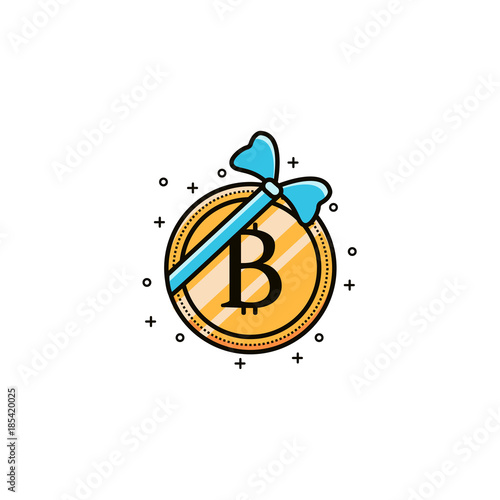 Bit coin wrapped with ribbon and bow - flat color line icon. Bitcoin present vector illustration. Cryptocurrency bonus symbol, sign, pictogram, image. Digital and virtual money element  or label.