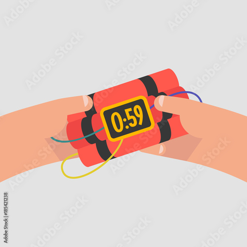 Hands holding a TNT time bomb with a digital display / flat editable vector illustration, clip art