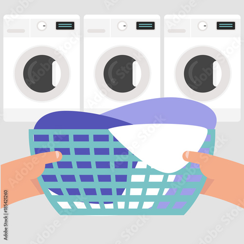 Household chores. Hands holding a laundry basket. Laundromat. Flat editable vector illustration, clip art