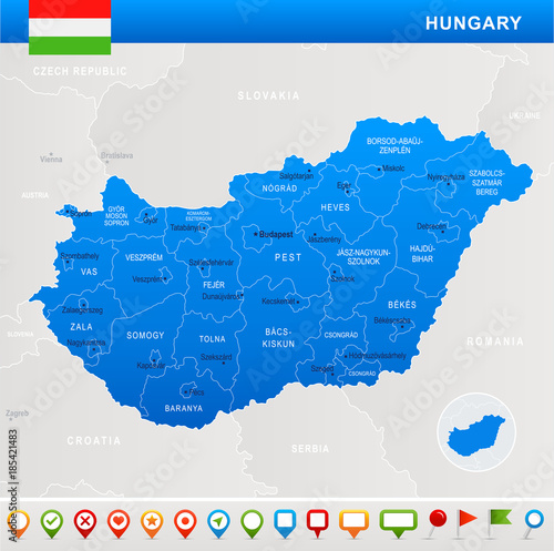 Hungary - map, flag and navigation icons - Detailed Vector Illustration