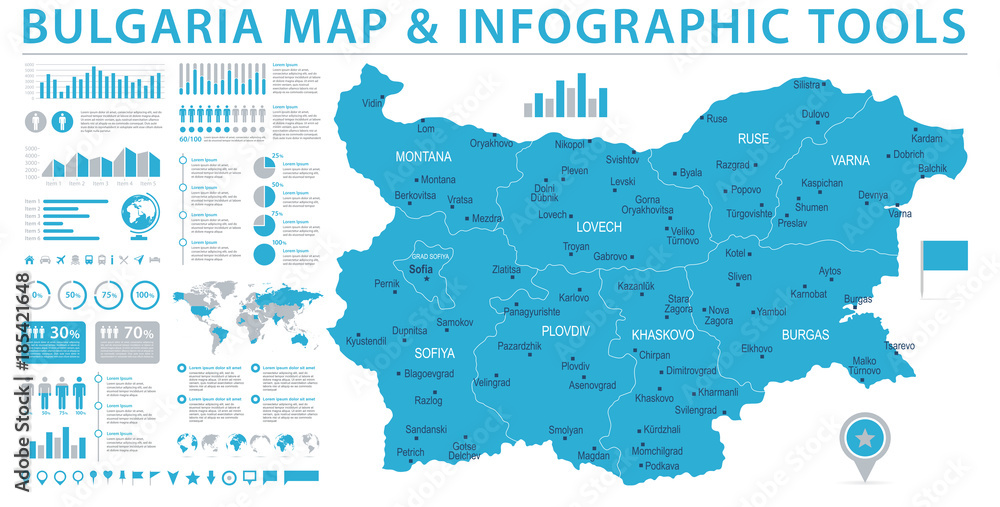 Bulgaria Map - Info Graphic Vector Illustration - obrazy, fototapety, plakaty 
