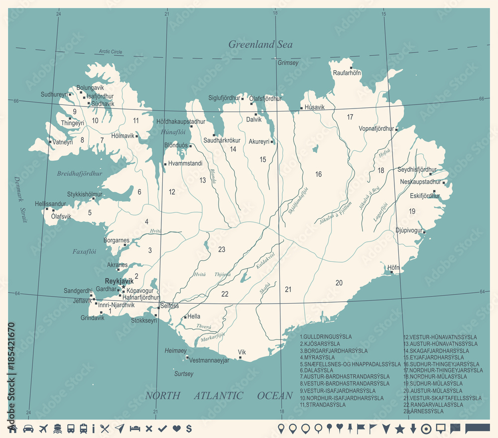 Naklejka premium Iceland Map - Vintage Detailed Vector Illustration