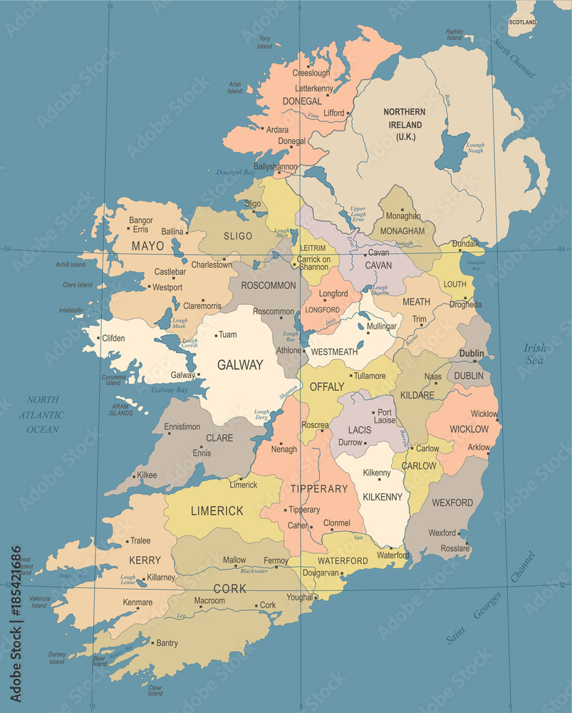 Ireland Map - Vintage Detailed Vector Illustration - obrazy, fototapety, plakaty 