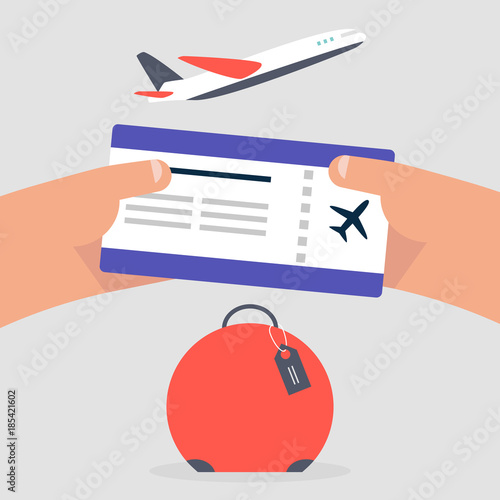 Travelling, conceptual illustration. Hands holding the boarding pass at the airport. Flat editable vector illustration, clip art