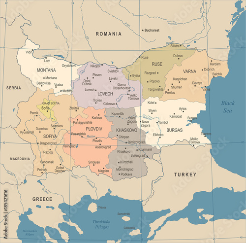 Valokuvatapetti Bulgaria Map - Vintage Detailed Vector Illustration