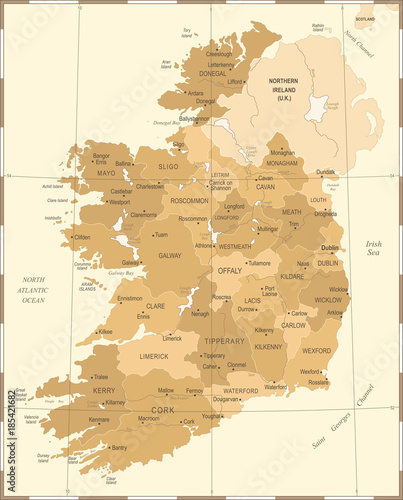 Canvas-taulu Ireland Map - Vintage Detailed Vector Illustration