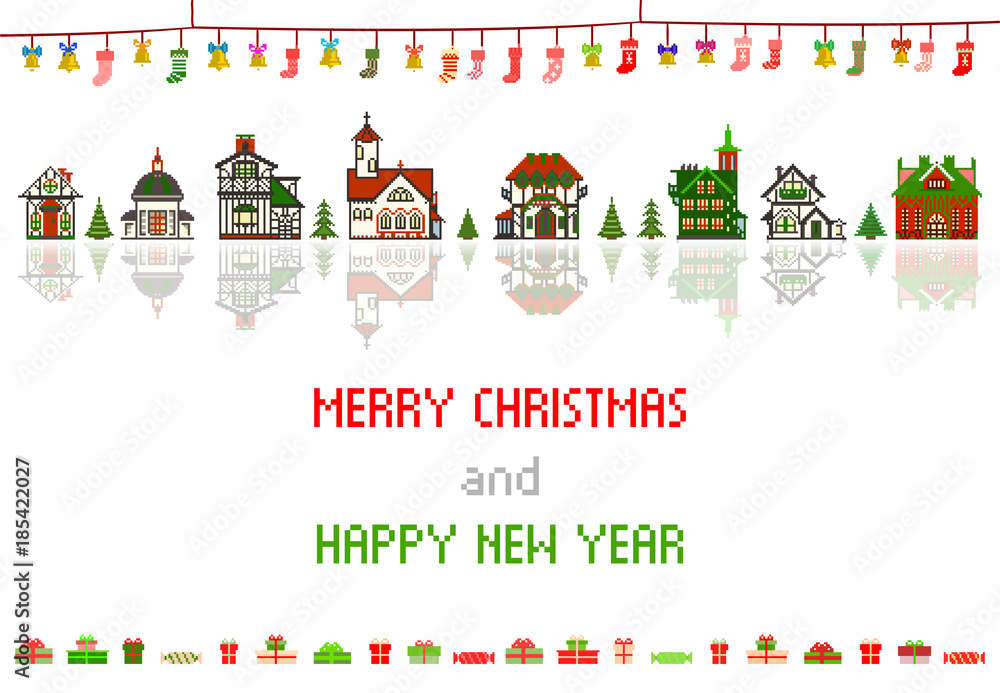 Retro Pixel Christmas Greeting Card With Houses, Socks and Bells