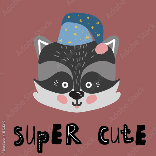 Cute cartoon little raccoon Childish print for nursery