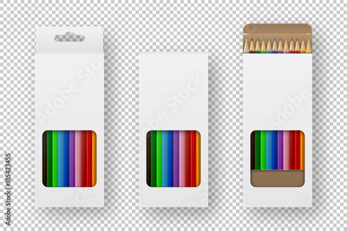 Vector realistic box of colored pencils icon set closeup isolated on white background. Design template, clipart or mockup for graphics - web, app, branding, advertising. Top view