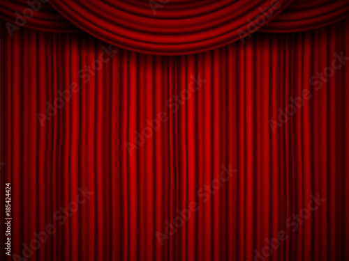 Creative vector illustration of stage with luxury scarlet red silk velvet drapes and fabric curtains isolated on background. Art design. Concept element for music party, theater, circus, opera, show
