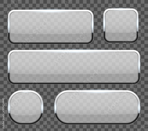 Creative vector illustration of white 3d glass buttons with chrome frame with shadow falling isolated on transparent background. Art design. Abstract concept graphic rectangle, oval web icons element