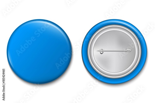 Creative vector illustration of 3d pin button isolated on transparent background. Front and back side. Art design blank badge brooch mockup template. Abstract graphic element with place for your text