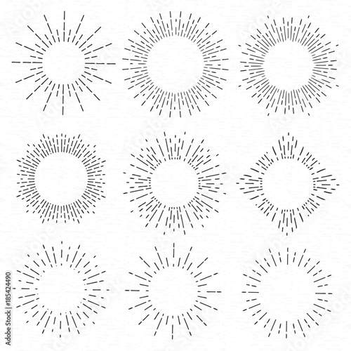 Creative vector illustration of geometric hand drawn sun beams isolated on background. Art design linear sunlight waves, shining lines ray stars. Abstract concept graphic round or circle form element