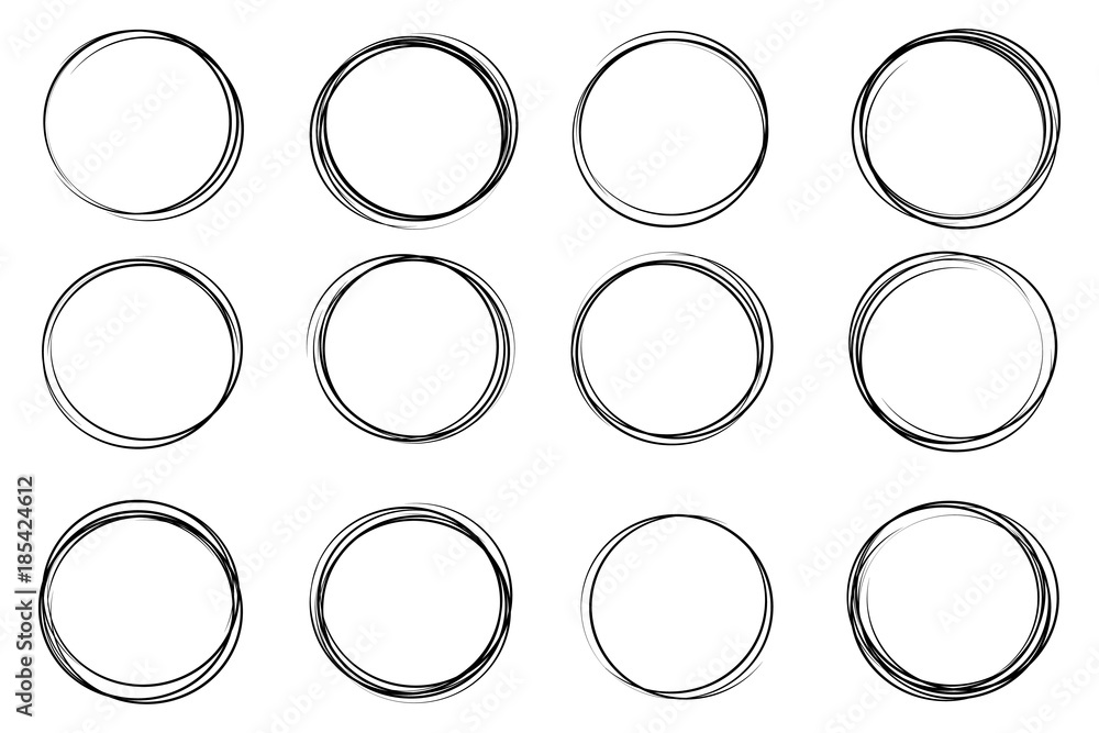 Creative vector illustration of hand drawning circle line sketch set isolated on transparent background. Art design round circular scribble doodle. Abstract graphic element for message note mark - obrazy, fototapety, plakaty 