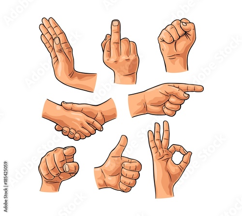 Male hand sign. Fist, Like, handshake, Ok, Pointing finger
