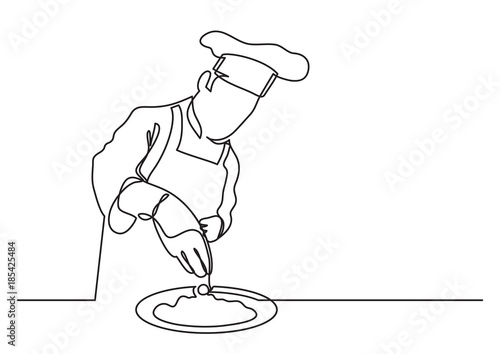 continuous line drawing of chef finishing meal preparation