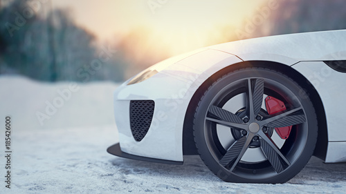 White Spot car in the snow. 3d rendering and illustration.