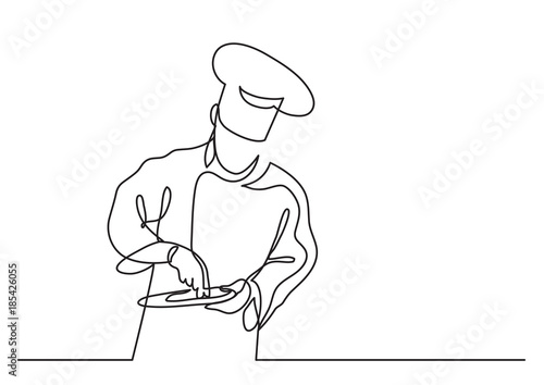 continuous line drawing of chef cooking gourmet meal