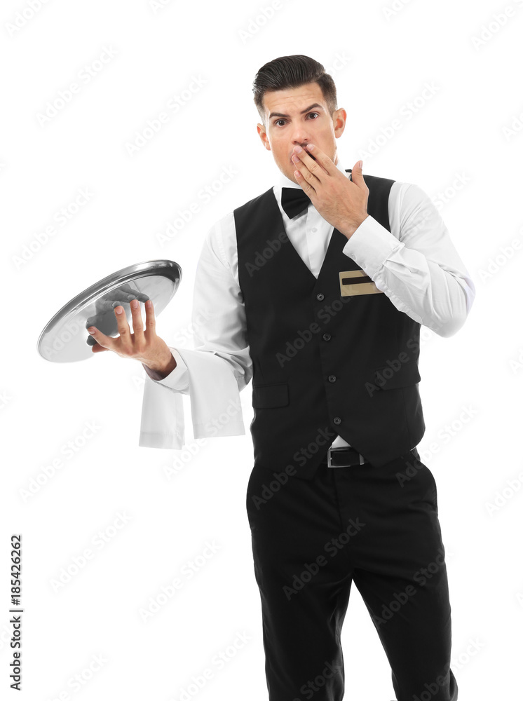 Male waiter with empty tray on white background Male waiter with empty tray on white background