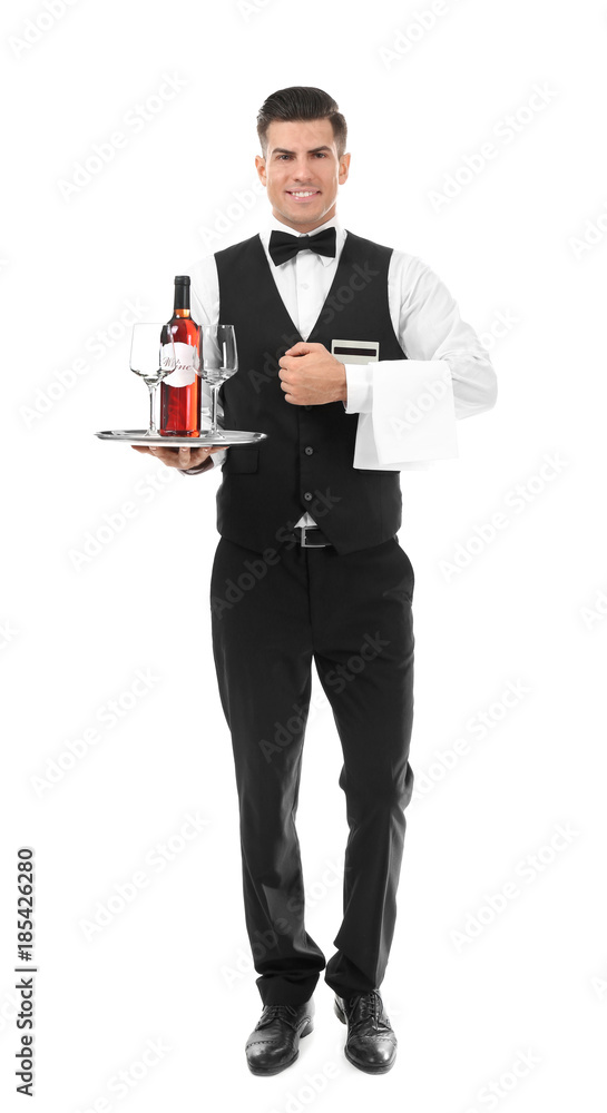 Waiter holding tray with bottle of wine and glasses on white background