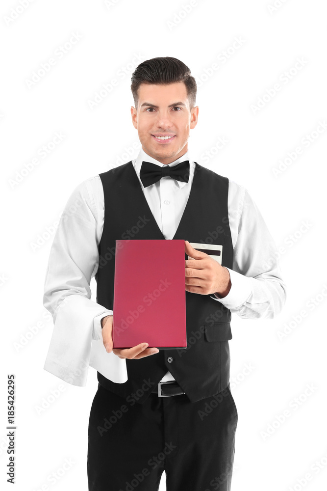 Waiter holding menu on white background Waiter holding menu on white background