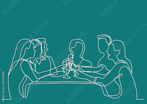 continuous line drawing of company of friends dining in restaurant