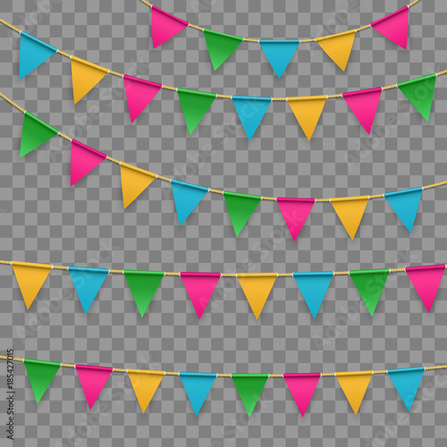 Creative vector illustration of realistic flag, buntings garland with shadow isolated on transparent background. Art design celebrate party invitation template. Abstract concept graphic element