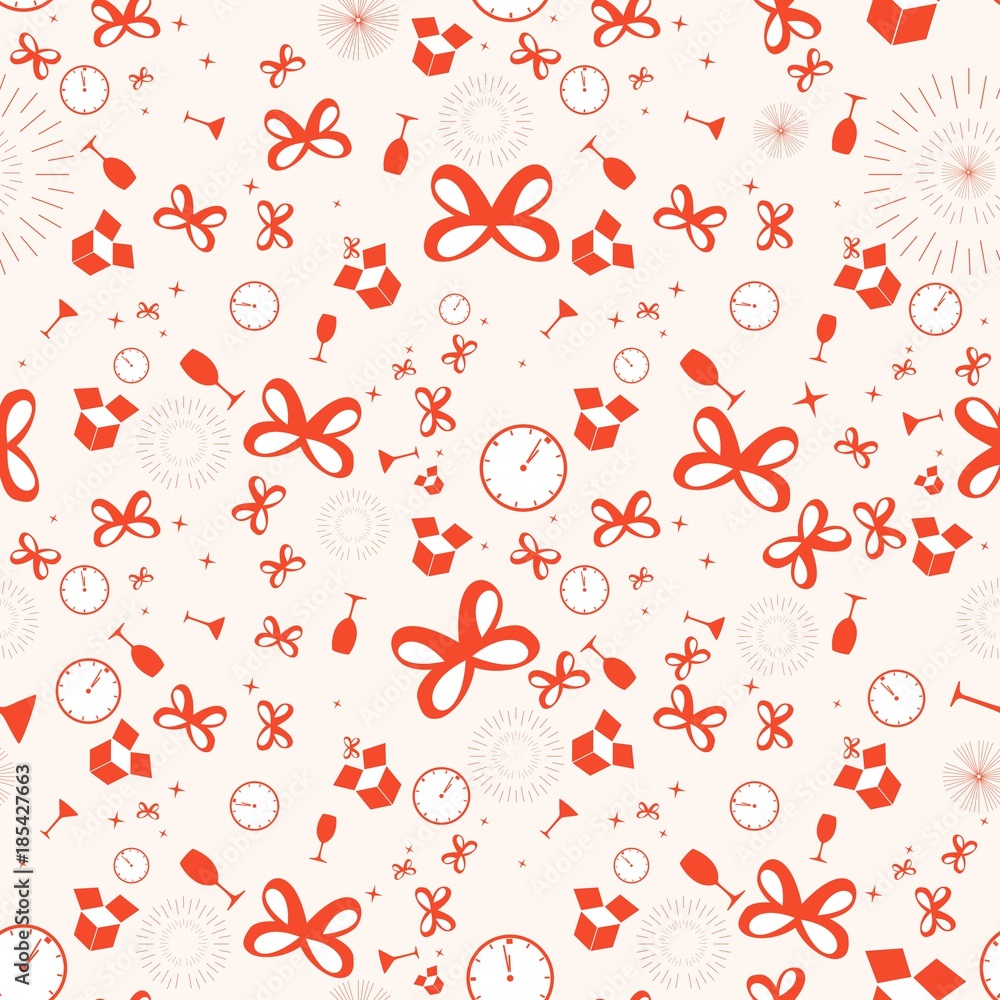 New year holidays with gifts seamless pattern, red bow ribbon with watch on white background, stripes abstract template, vector illustration New year holidays with gifts seamless pattern, red bow ribbon with watch on white background, stripes abstract template, vector illustration