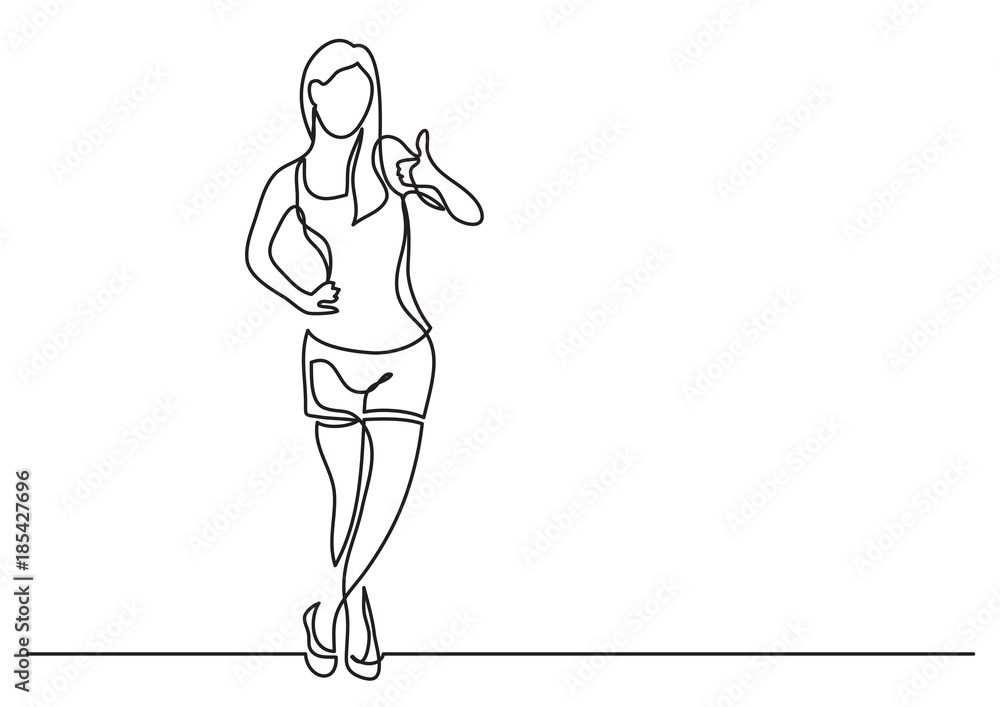 continuous line drawing of standing fitness woman-showing thumb up continuous line drawing of standing fitness woman-showing thumb up