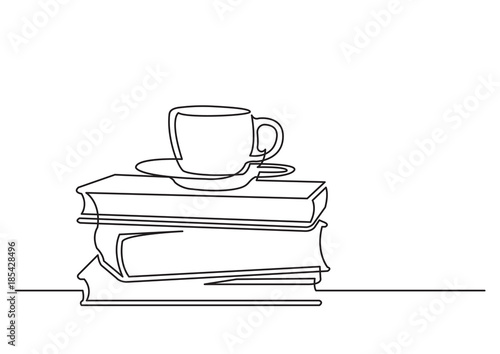 one line drawing of isolated vector object - books and cup of tea