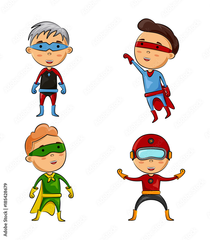 Cute four kids weariang superhero costumes with different pose Cute four kids weariang superhero costumes with different pose
