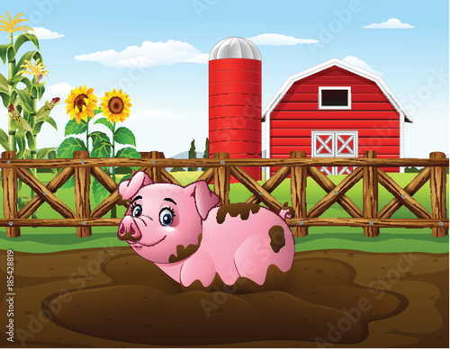 Cartoon pig playing a mud puddle in the farm
