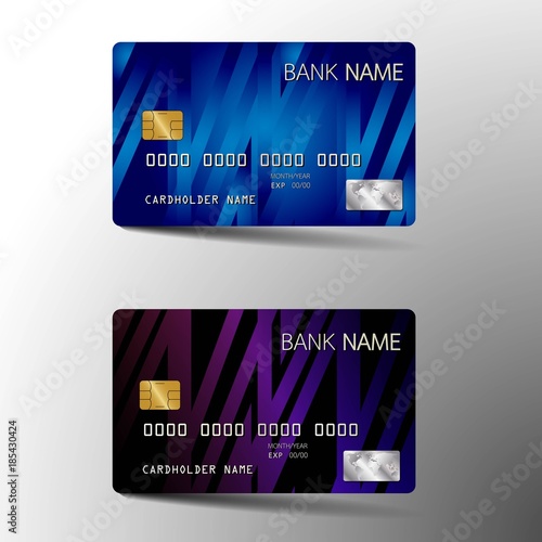 Modern credit card set template design. With inspiration from the abstract. Blue and purple color on the gray background. Vector illustration.Glossy plastic style.