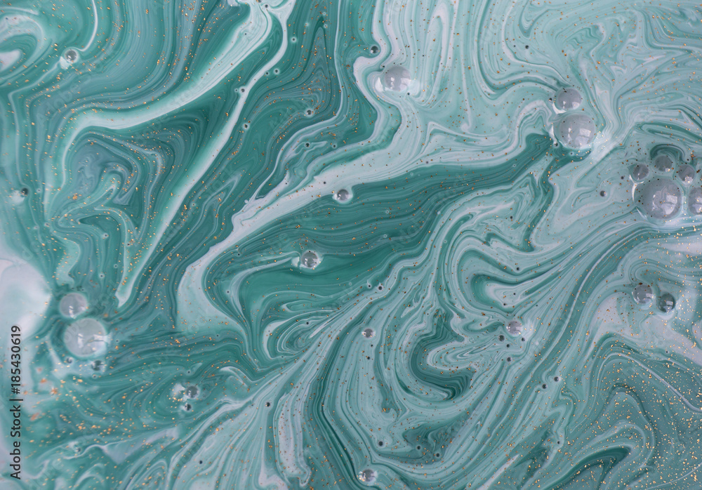 Fototapeta premium Marble abstract acrylic background. Nature green marbling artwork texture. Golden glitter.