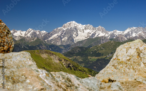 Hiking in Aosta valley, Italy. View of Mont Blanc Massif with clear blue sky from Tsa Seche col.