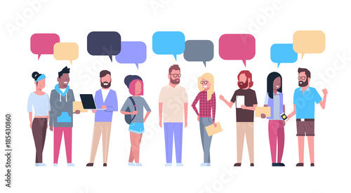Group Of Hipsters People With Chat Bubbles Casual Young Men And Women Mix Race Isolated On White Background Flat Vector Illustration
