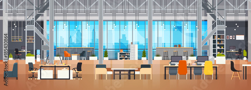 Empty Coworking Space Interior Modern Coworking Office Creative Workplace Space Horizontal Banner Flat Vector Illustration