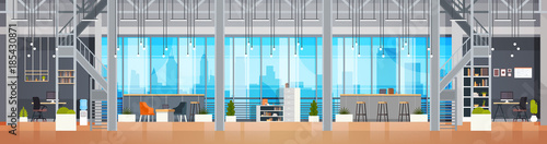 Empty Coworking Office Interior Modern Coworking Center Creative Workplace Environment Horizontal Banner Flat Vector Illustration