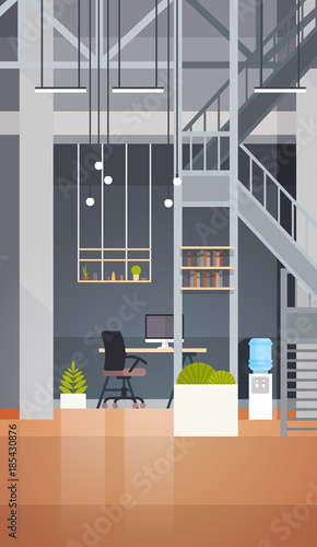 Coworking Office Interior Modern Coworking Center Creative Workplace Environment Vertical Banner Flat Vector Illustration