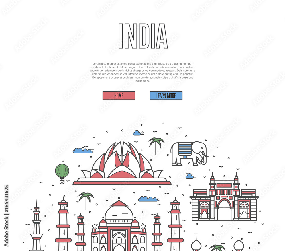 India travel tour poster with national architectural attractions. Indian famous landmarks and traditional symbols on white background. Touristic advertising vector layout in trendy linear style.
