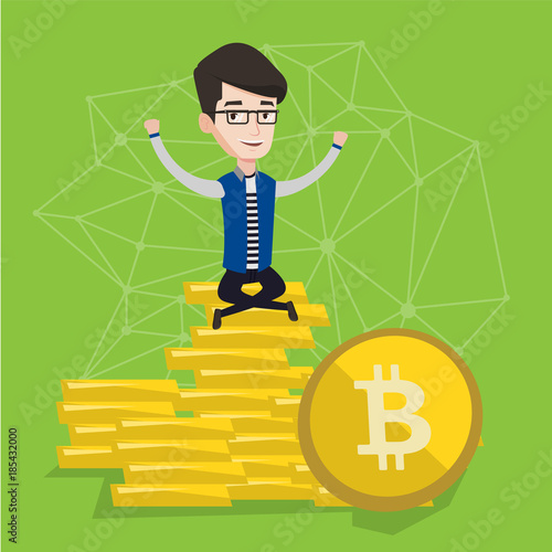Caucasian white successful businessman investor sitting on stack of golden bitcoin coins. Blockchain network technology, bitcoin trading and cryptocurrency mining concept. Vector cartoon illustration.