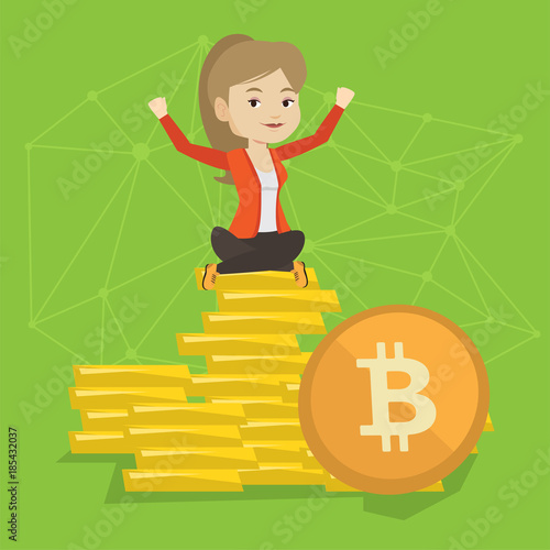 Caucasian white successful woman investor sitting on stack of golden bitcoin coins. Blockchain network technology, bitcoin trading and cryptocurrency mining concept. Vector cartoon illustration.