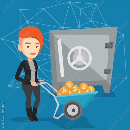 Caucasian woman pushing wheelbarrow full of bitcoin coins on the background of a big safe symbolizing bitcoin cold wallet. Cryptocurrency cold wallet and security concept. Vector cartoon illustration.