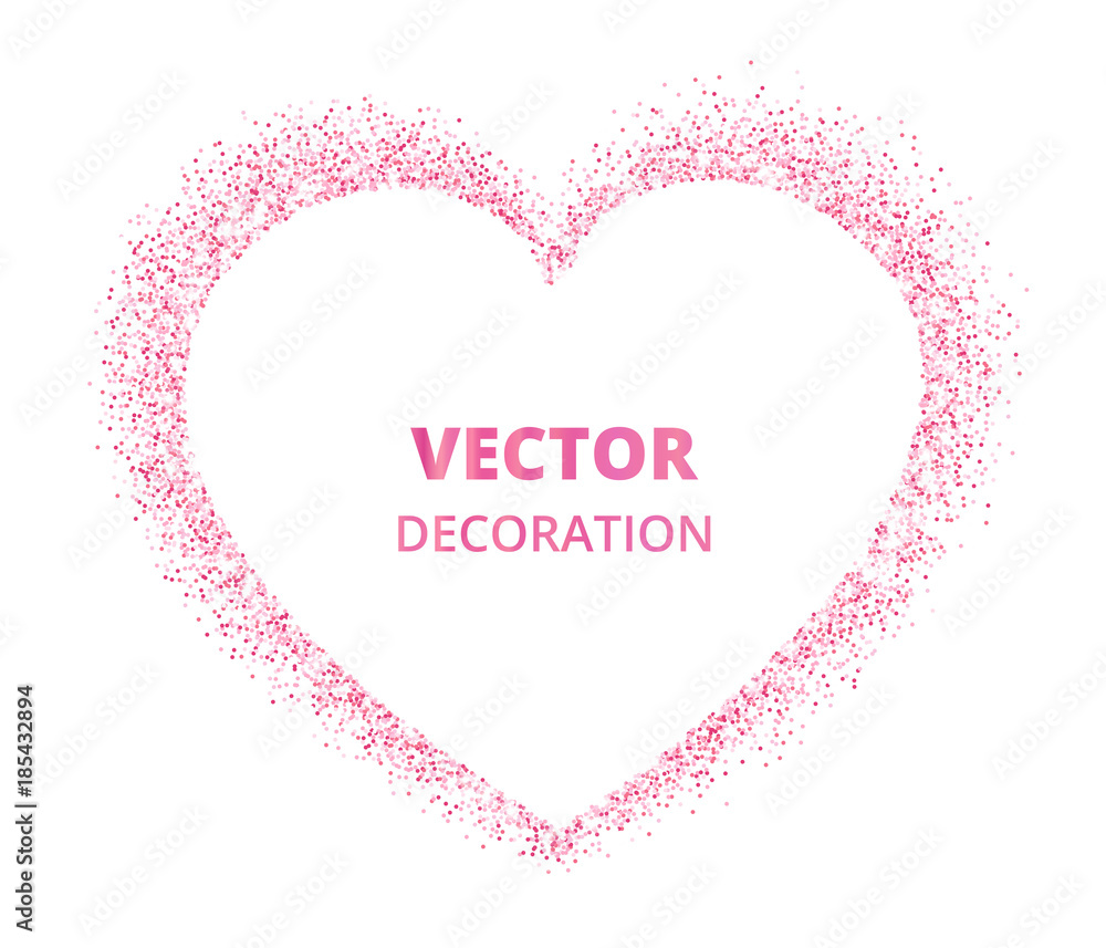 Pink glitter heart frame, border. Vector dust isolated on white Stock