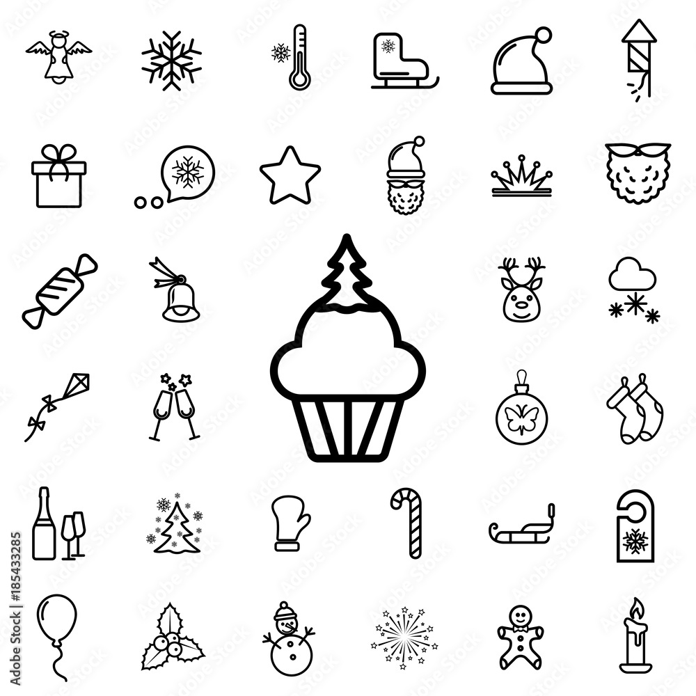 New Year's Cupcake. winter, celebration, christmas line icon set