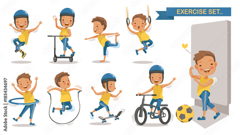 Exercise boy set with play football, rope jumping, Roller Blade, Scooter, yoga,hang,
hung, Hula Hoop, Skateboarding, cycling. Cartoon character design. Vector illustrations.Isolated white background 