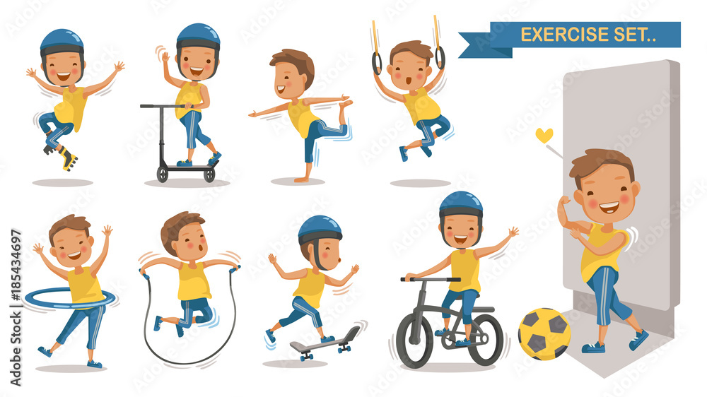 Exercise boy set with play football, rope jumping, Roller Blade, Scooter, yoga,hang,
hung, Hula Hoop, Skateboarding, cycling. Cartoon character design. Vector illustrations.Isolated white background Exercise boy set with play football, rope jumping, Roller Blade, Scooter, yoga,hang,
hung, Hula Hoop, Skateboarding, cycling. Cartoon character design. Vector illustrations.Isolated white background