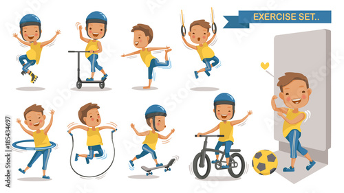 Exercise boy set with play football, rope jumping, Roller Blade, Scooter, yoga,hang,
hung, Hula Hoop, Skateboarding, cycling. Cartoon character design. Vector illustrations.Isolated white background 